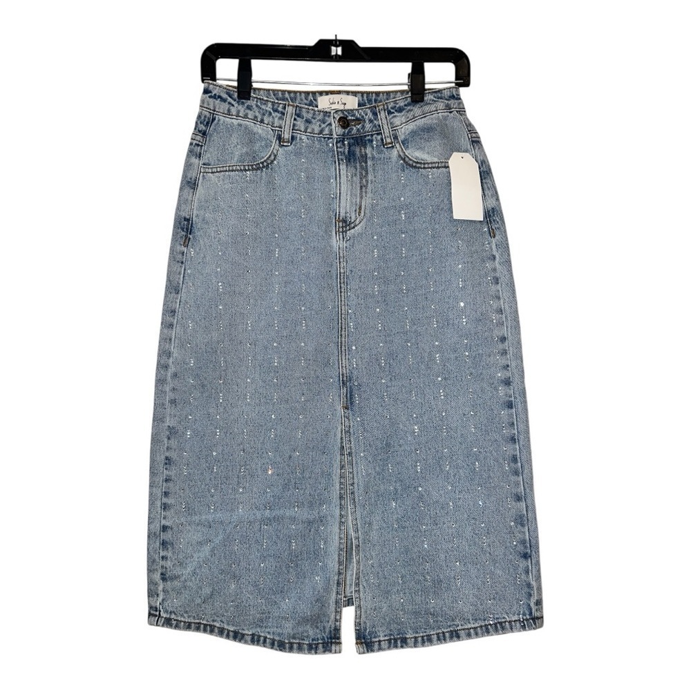 Sadie & Sage Light Blue Denim Skirt fully embellished with rhinestones Size NWT